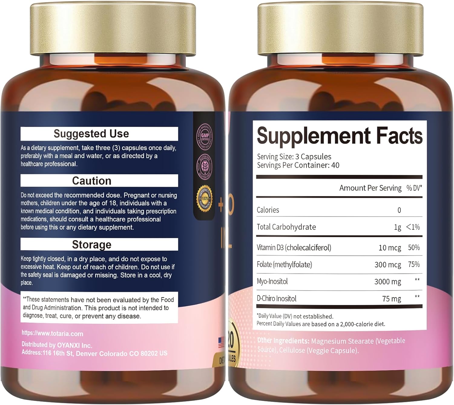 Inositol Supplement with Myo-Inositol, D-Chiro Inositol, Vitamin D3, and Folate -  Capsules for Improved Health