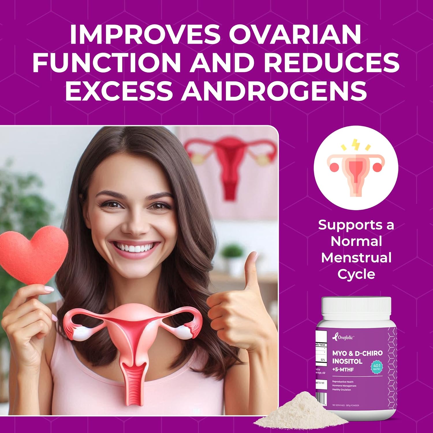 Inositol Supplement with Myo-Inositol, D-Chiro Inositol, and Folate for Hormone Balance - 180 Servings