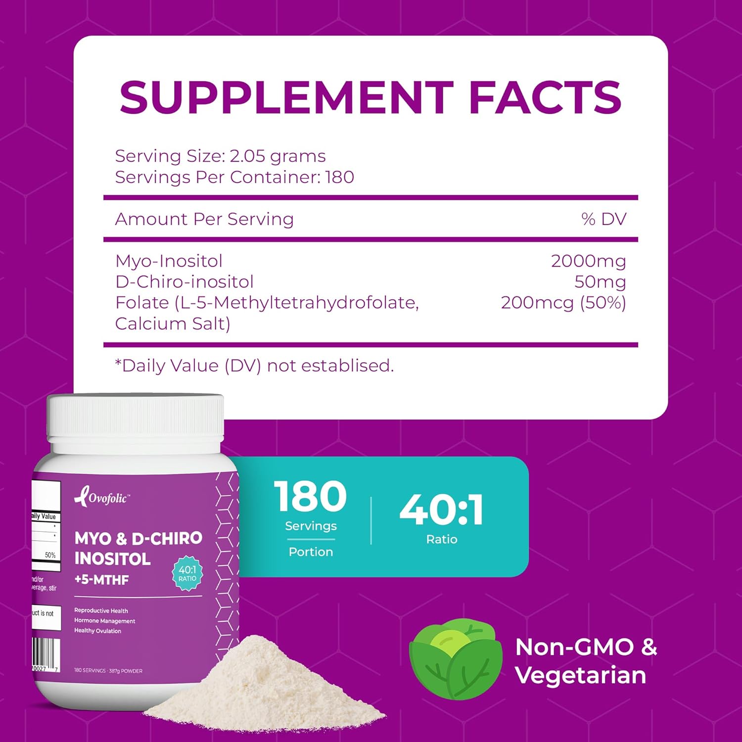 Inositol Supplement with Myo-Inositol, D-Chiro Inositol, and Folate for Hormone Balance - 180 Servings