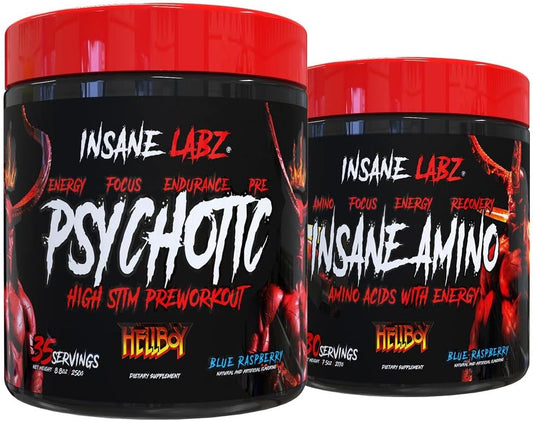 Insane Labz Hellboy Bundle: Psychotic Pre Workout & Amino BCAA - Boost Muscle Mass, Strength, Focus, Recovery (Blue Raspberry)