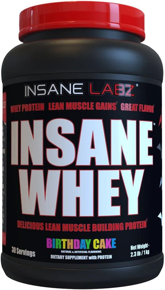 Insane Labz Insane Whey Protein Powder - Birthday Cake Flavor, 100% Muscle Building Formula with BCAA Amino Profile for Mass Gaining and Meal Replacement, 30 Servings