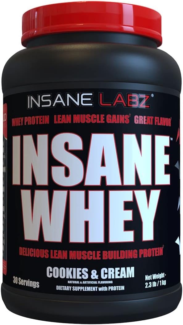 Insane Labz Insane Whey Protein Powder - Cookies & Cream Flavor, 100% Muscle Building Formula with BCAA Amino Profile, Mass Gainer and Meal Replacement for 30 Servings