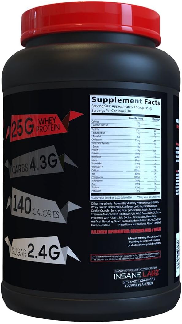 Insane Labz Insane Whey Protein Powder - Cookies & Cream Flavor, 100% Muscle Building Formula with BCAA Amino Profile, Mass Gainer and Meal Replacement for 30 Servings