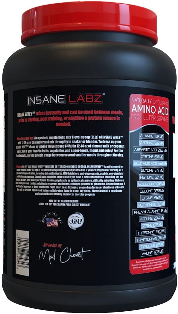Insane Labz Insane Whey Protein Powder - Cookies & Cream Flavor, 100% Muscle Building Formula with BCAA Amino Profile, Mass Gainer and Meal Replacement for 30 Servings