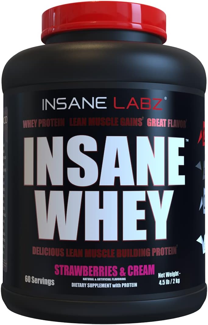 Insane Labz Insane Whey Protein Powder - Muscle Building, Post-Workout Recovery, BCAA Amino Profile, Mass Gainer, Meal Replacement - 5lbs Strawberries & Cream - 60 Servings