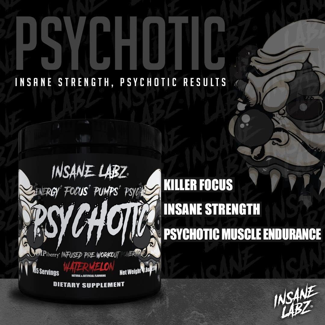 Insane Labz Psychotic Black Edition Pre Workout Powder - Energy Focus Pumps, Creatine Beta Alanine Taurine AMPiberry - 35 Servings Blue Raspberry