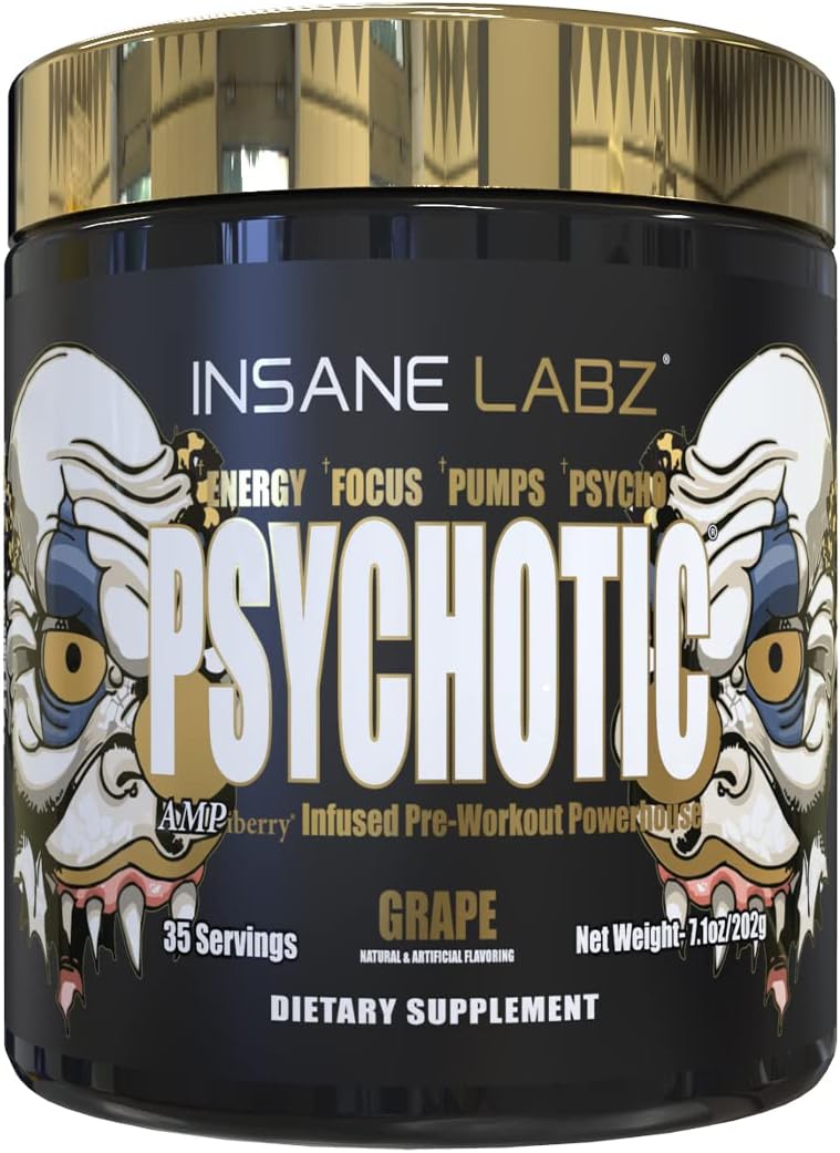Insane Labz Psychotic Gold Pre-Workout Powder - High Stimulant for Lasting Energy, Focus, Pumps, Endurance - Beta Alanine, DMAE, NO Booster - 35 Servings, Grape Flavor