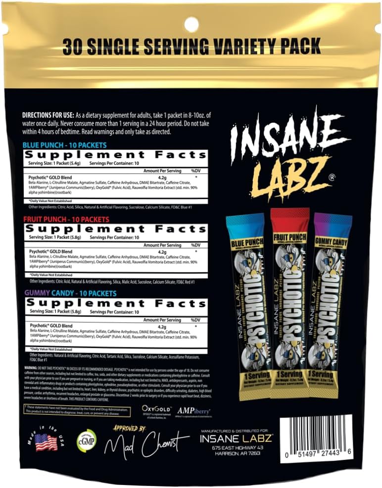 Insane Labz Psychotic Gold Pre Workout Powder - High Stimulant Formula for Extreme Energy, Focus, Pump, and Endurance - 30 Servings Variety Pack
