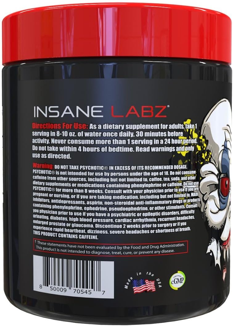Insane Labz Psychotic Pre Workout Powder - High Stimulant, Long-Lasting Energy, Focus, Endurance - Beta Alanine, Creatine Monohydrate, DMAE - 35 Servings - Strawberry Lemonade Flavor