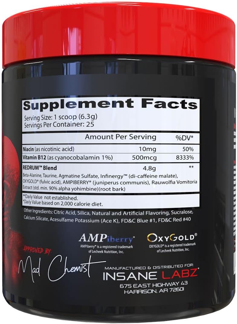 Insane Labz Redrum High Stim Pre Workout Powder with NO Booster, Beta Alanine, Agmatine Sulfate, Taurine - AMPiberry and OXYgold for Focus, Strength, and Recovery - Devil's Blood Black Cherry Flavor - 25 Servings - BoostGo Australia