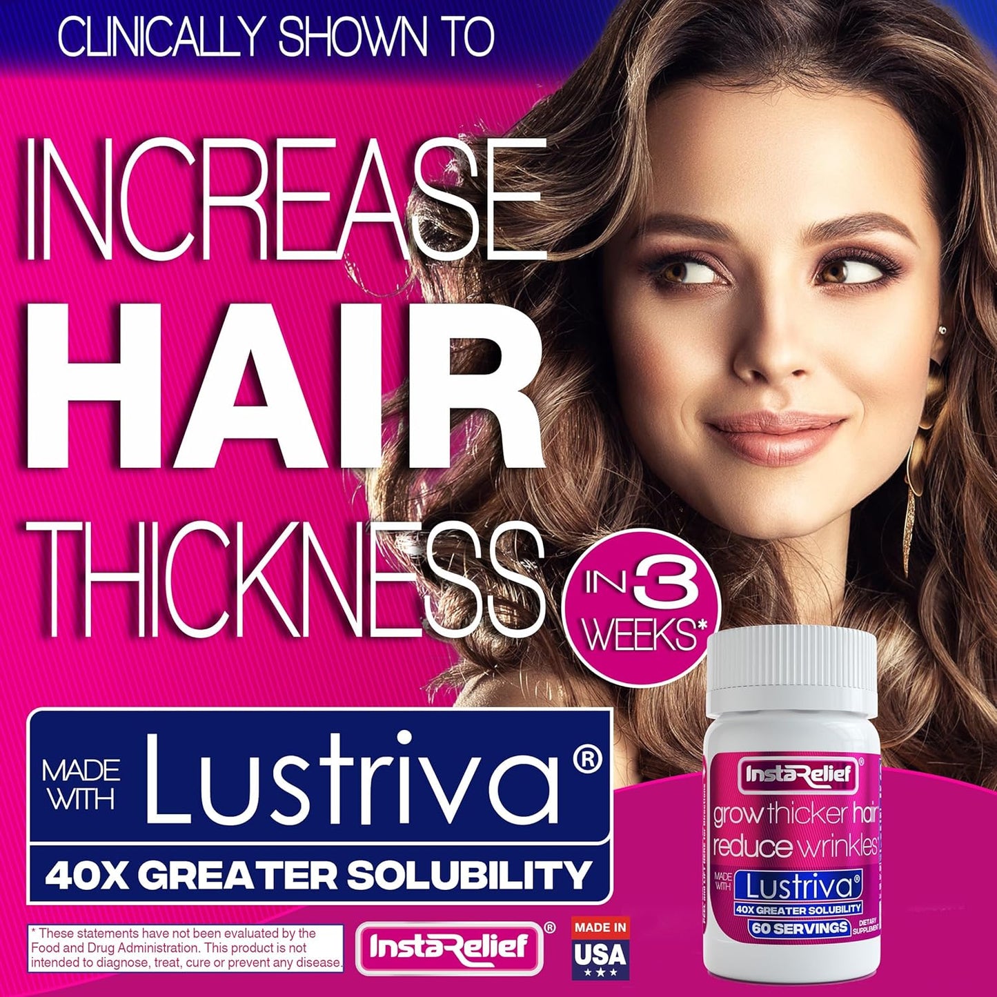 InstaRelief® Hair Growth and Wrinkle Reduction Supplement with Biotin, Silicon, and Arginine - 60 Tablets, Clinically Proven to Improve Hair Health in 3 Weeks