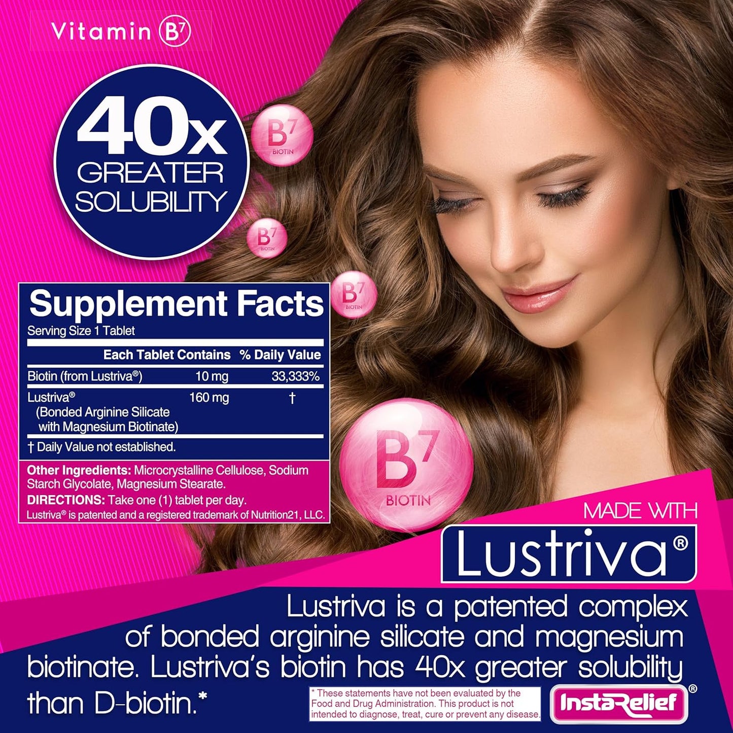 InstaRelief® Hair Growth and Wrinkle Reduction Supplement with Biotin, Silicon, and Arginine - 60 Tablets, Clinically Proven to Improve Hair Health in 3 Weeks