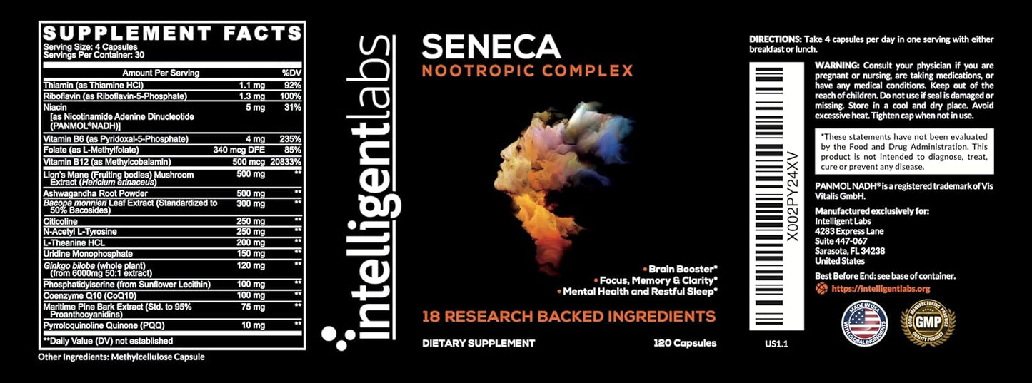 Intelligent Labs Seneca Nootropic Supplement for Brain Health | Enhance Focus, Memory & Clarity | 18 Ingredients incl. B-Complex Vitamins, Lion’s Mane & Ashwagandha | Non-Caffeinated
