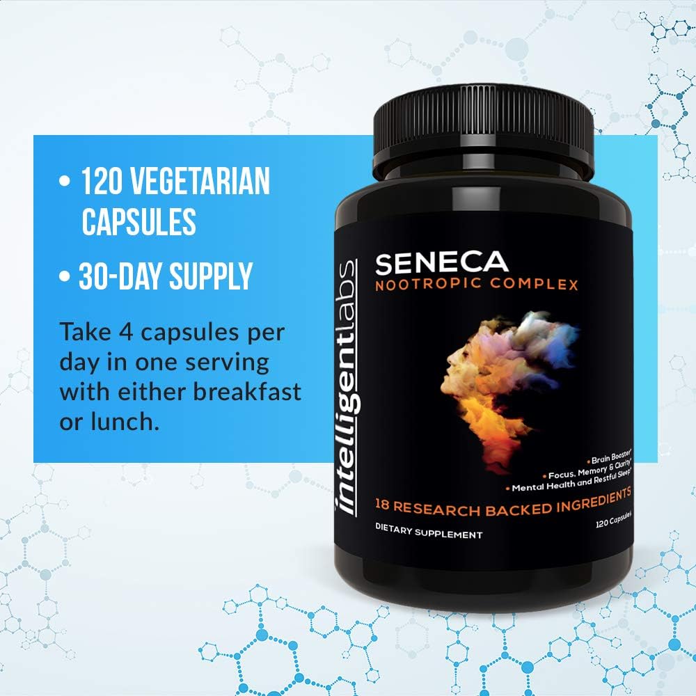 Intelligent Labs Seneca Nootropic Supplement for Brain Health | Enhance Focus, Memory & Clarity | 18 Ingredients incl. B-Complex Vitamins, Lion’s Mane & Ashwagandha | Non-Caffeinated
