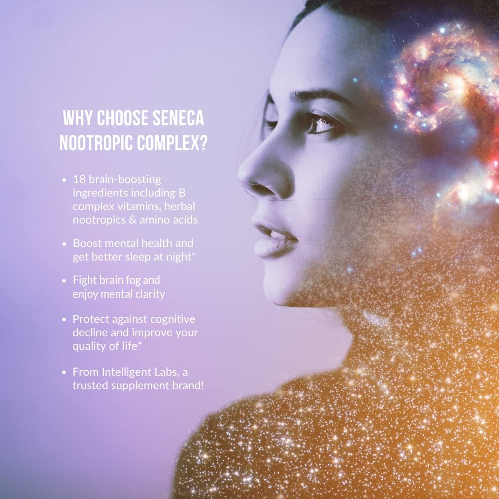 Intelligent Labs Seneca Nootropic Supplement for Brain Health | Enhance Focus, Memory & Clarity | 18 Ingredients incl. B-Complex Vitamins, Lion’s Mane & Ashwagandha | Non-Caffeinated