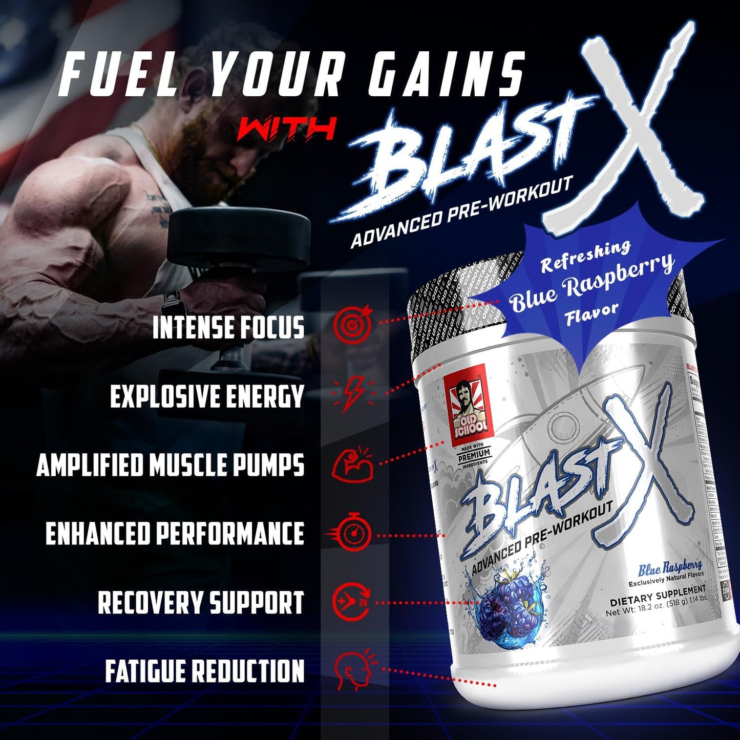 Intense Energy Booster Pre Workout Powder for Men & Women - Natural Caffeine, Beta Alanine, Citrafuze™, L-Citrulline & Taurine - Blast X Advanced Formula for Strength, Focus & Endurance