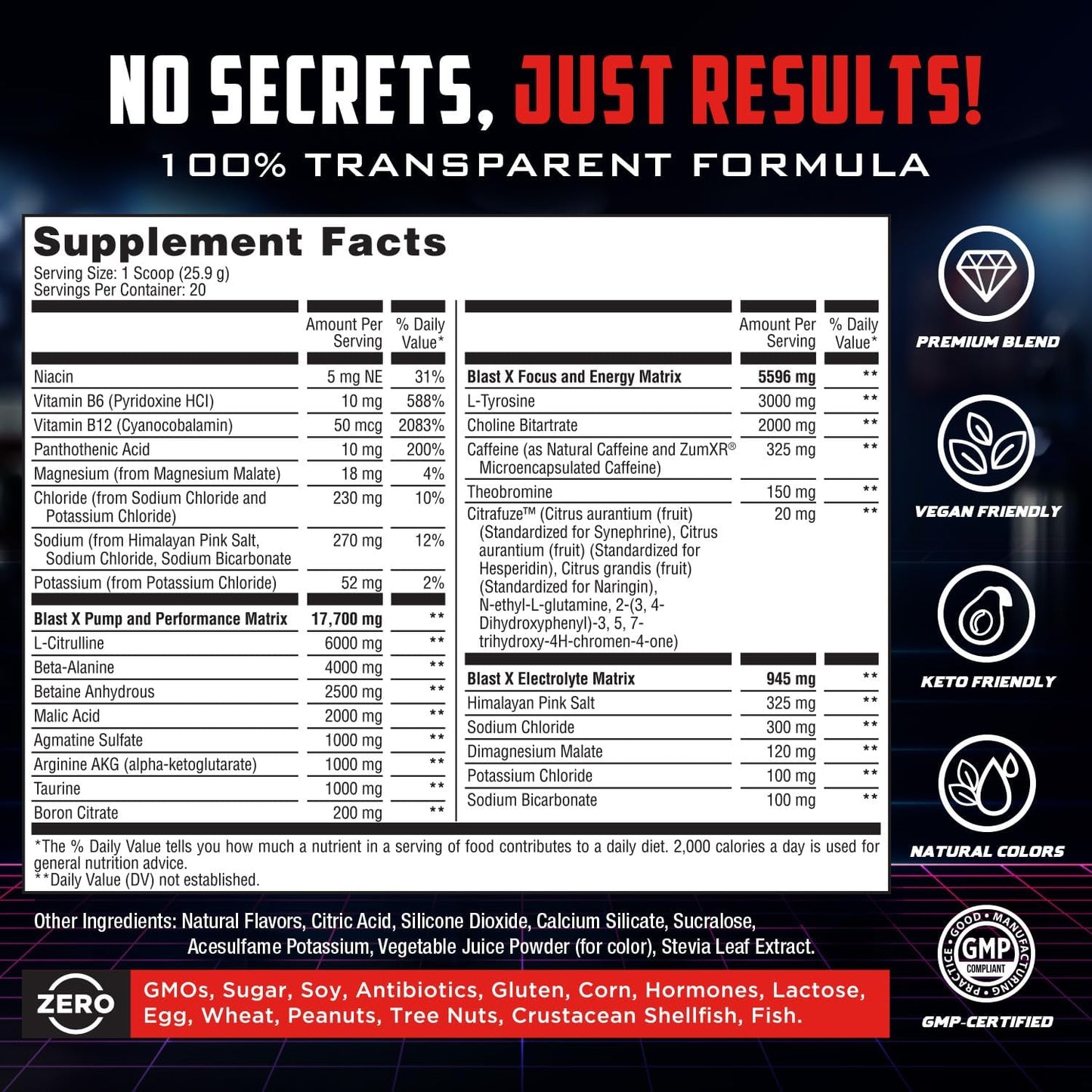 Intense Energy Booster Pre Workout Powder for Men & Women - Natural Caffeine, Beta Alanine, Citrafuze™, L-Citrulline & Taurine - Blast X Advanced Formula for Strength, Focus & Endurance