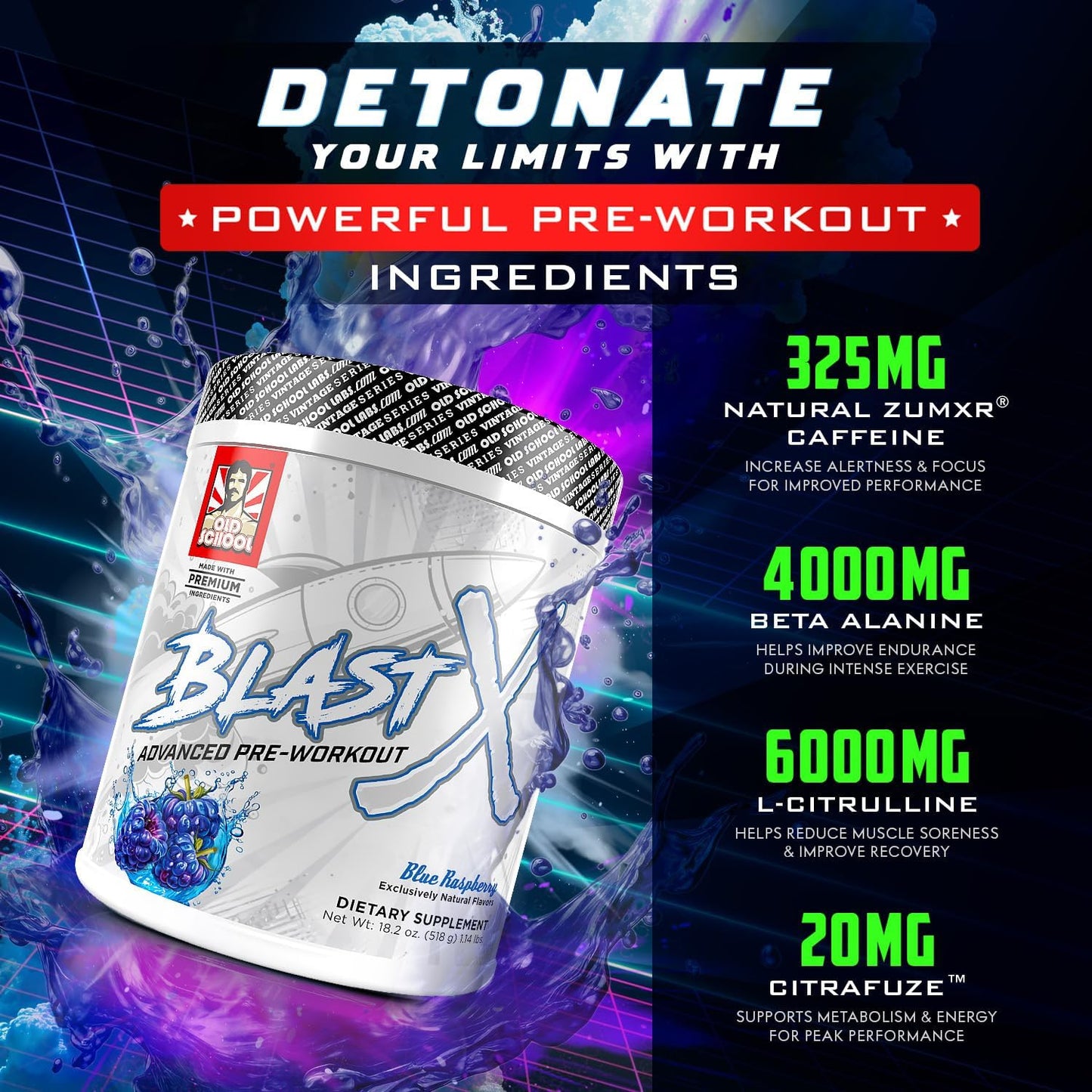 Intense Energy Booster Pre Workout Powder for Men & Women - Natural Caffeine, Beta Alanine, Citrafuze™, L-Citrulline & Taurine - Blast X Advanced Formula for Strength, Focus & Endurance