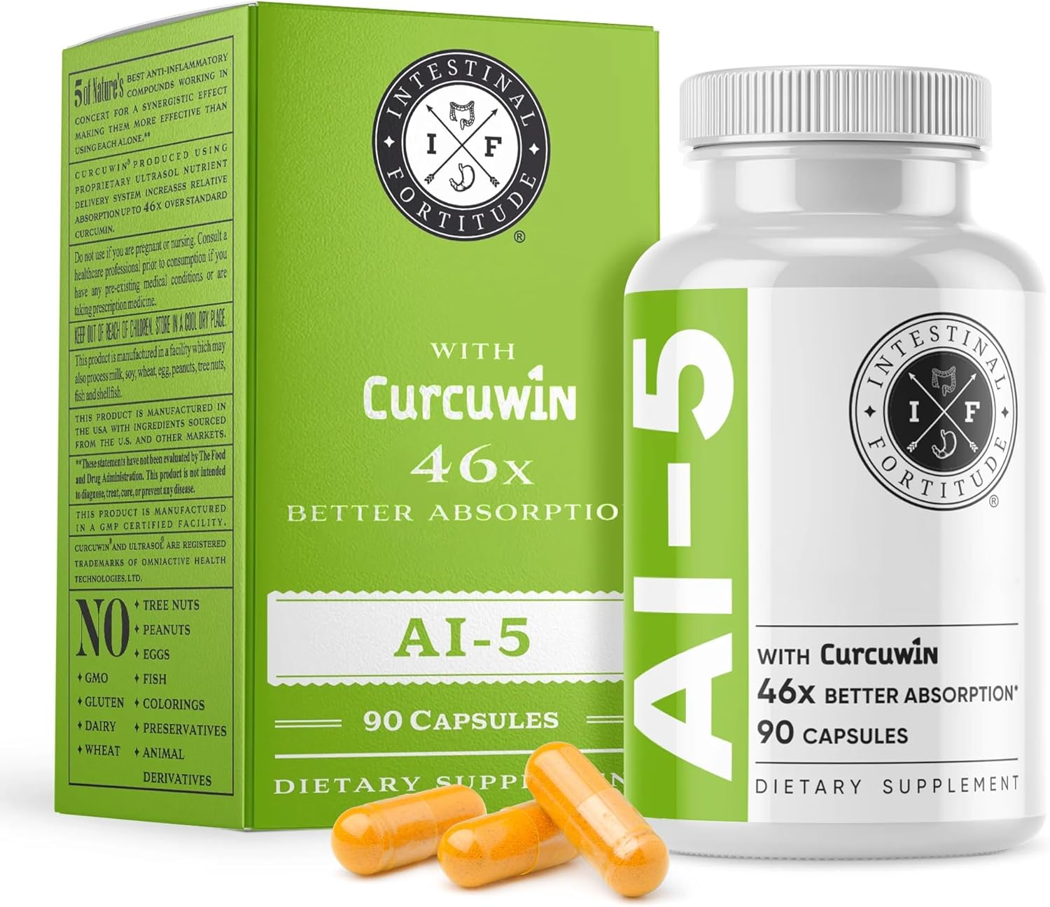 Intestinal Fortitude AI-5 Digestive Herbal Capsules with CurcuWIN, Turmeric, Boswellia Serrata, Ginger Root & Green Tea - Gut Health Support, Non-GMO & Dairy Free