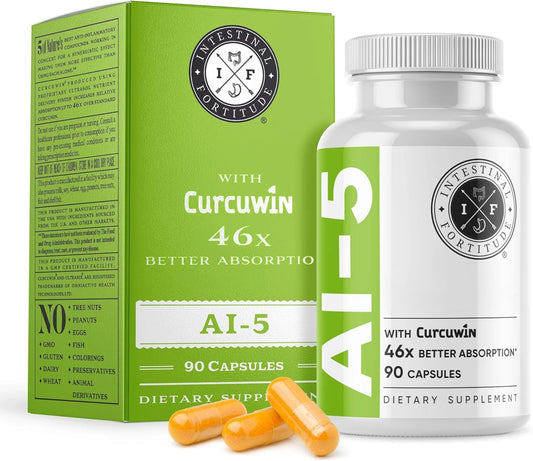 Intestinal Fortitude AI-5 Digestive Herbal Capsules with CurcuWIN, Turmeric, Boswellia Serrata, Ginger Root & Green Tea - Gut Health Support, Non-GMO & Dairy Free