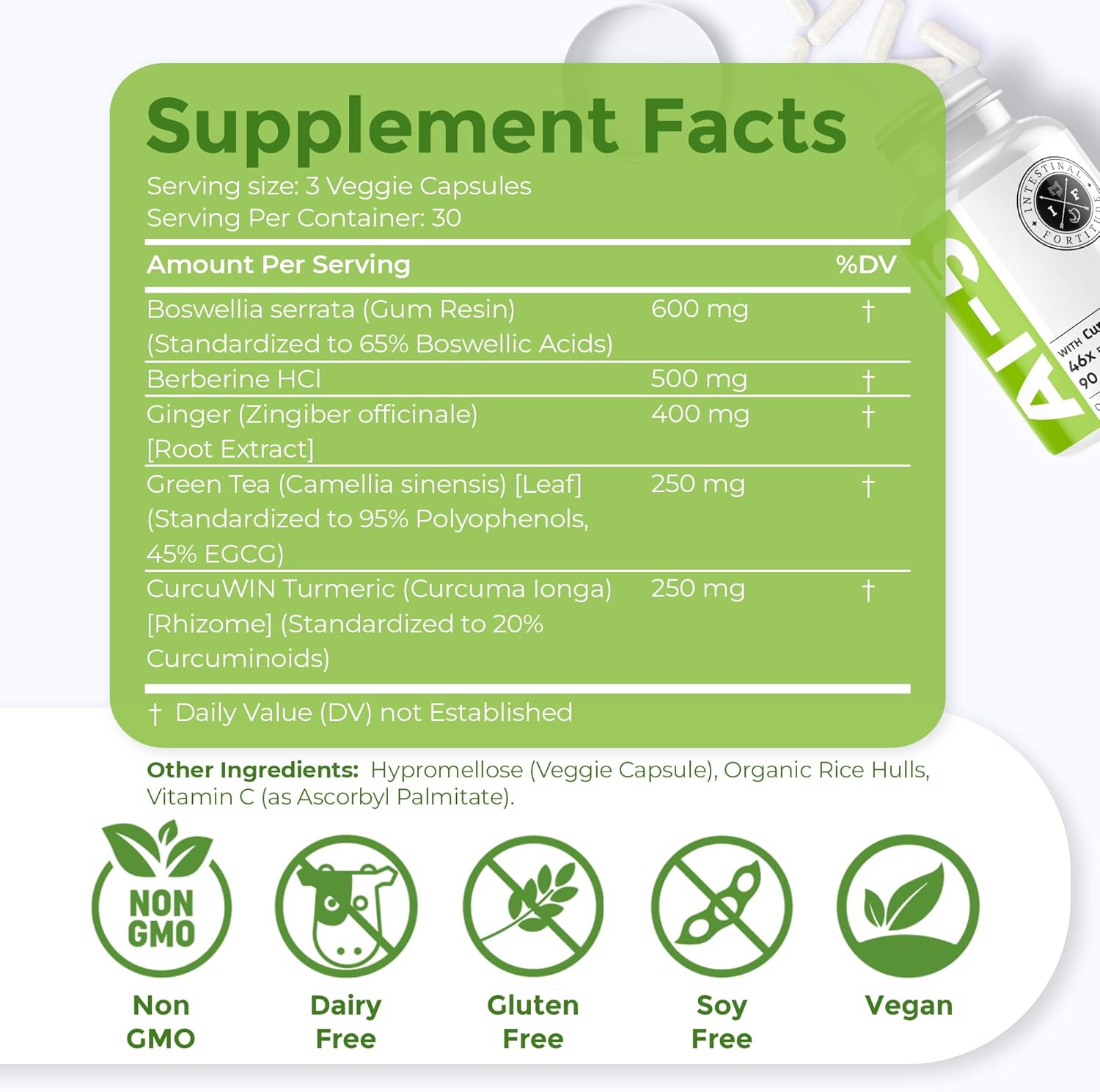 Intestinal Fortitude AI-5 Digestive Herbal Capsules with CurcuWIN, Turmeric, Boswellia Serrata, Ginger Root & Green Tea - Gut Health Support, Non-GMO & Dairy Free