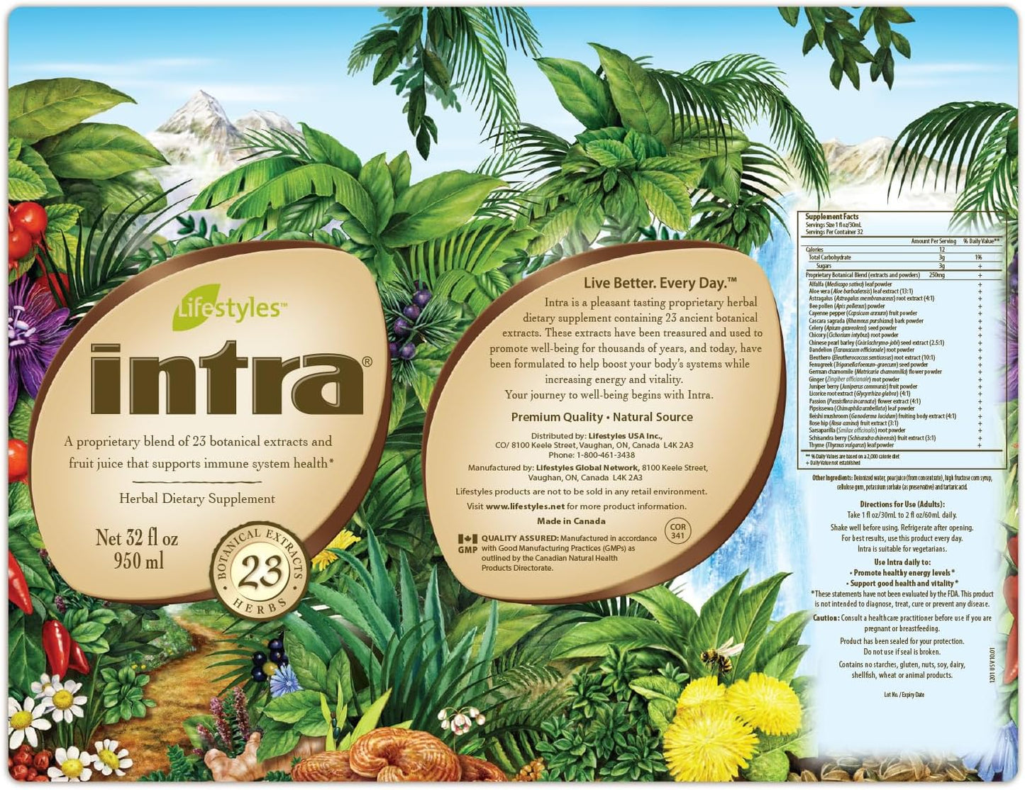 Intra Lifestyles Herbal Juice Drink with 23 Botanical Extracts for Immune Support, Detox, Digestive & Cardiovascular Health - 950 mL