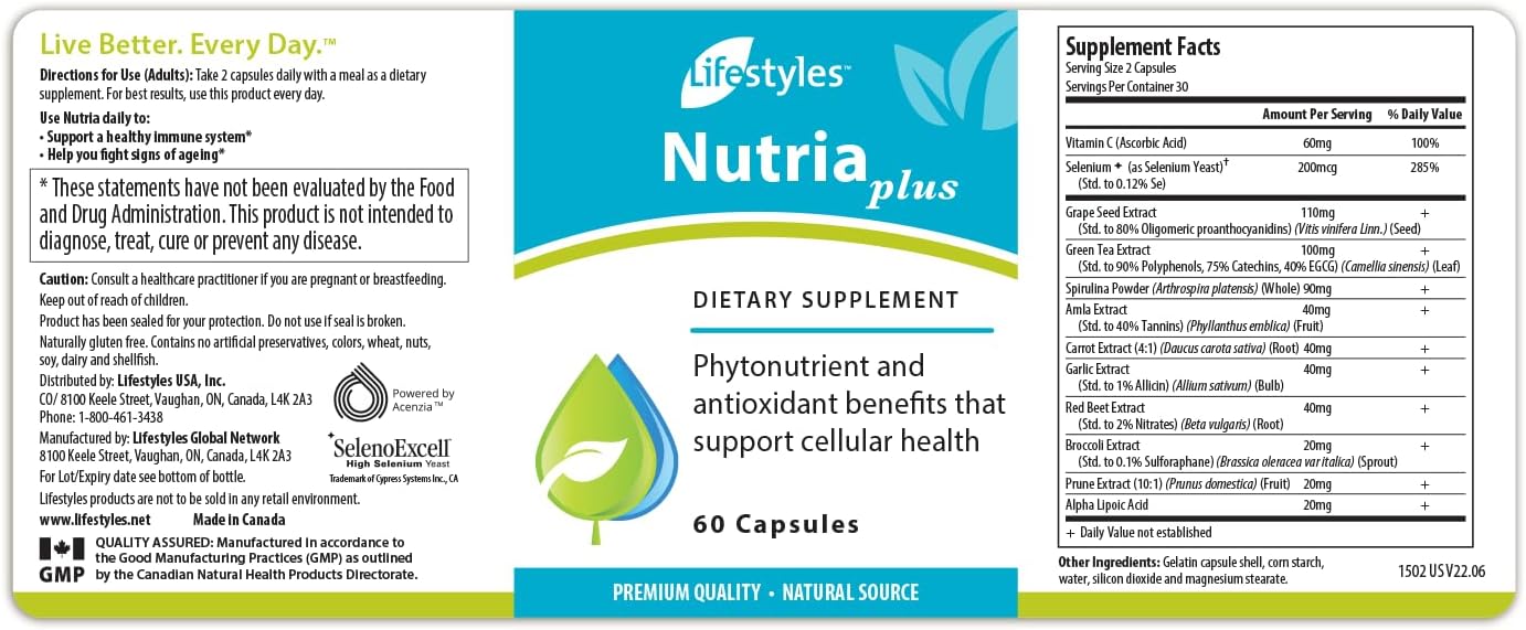 Intra Lifestyles NutriaPlus Antioxidant Supplement - Immune Support Multivitamin with Selenium, Vitamin C, Green Tea, Garlic - 60 Capsules