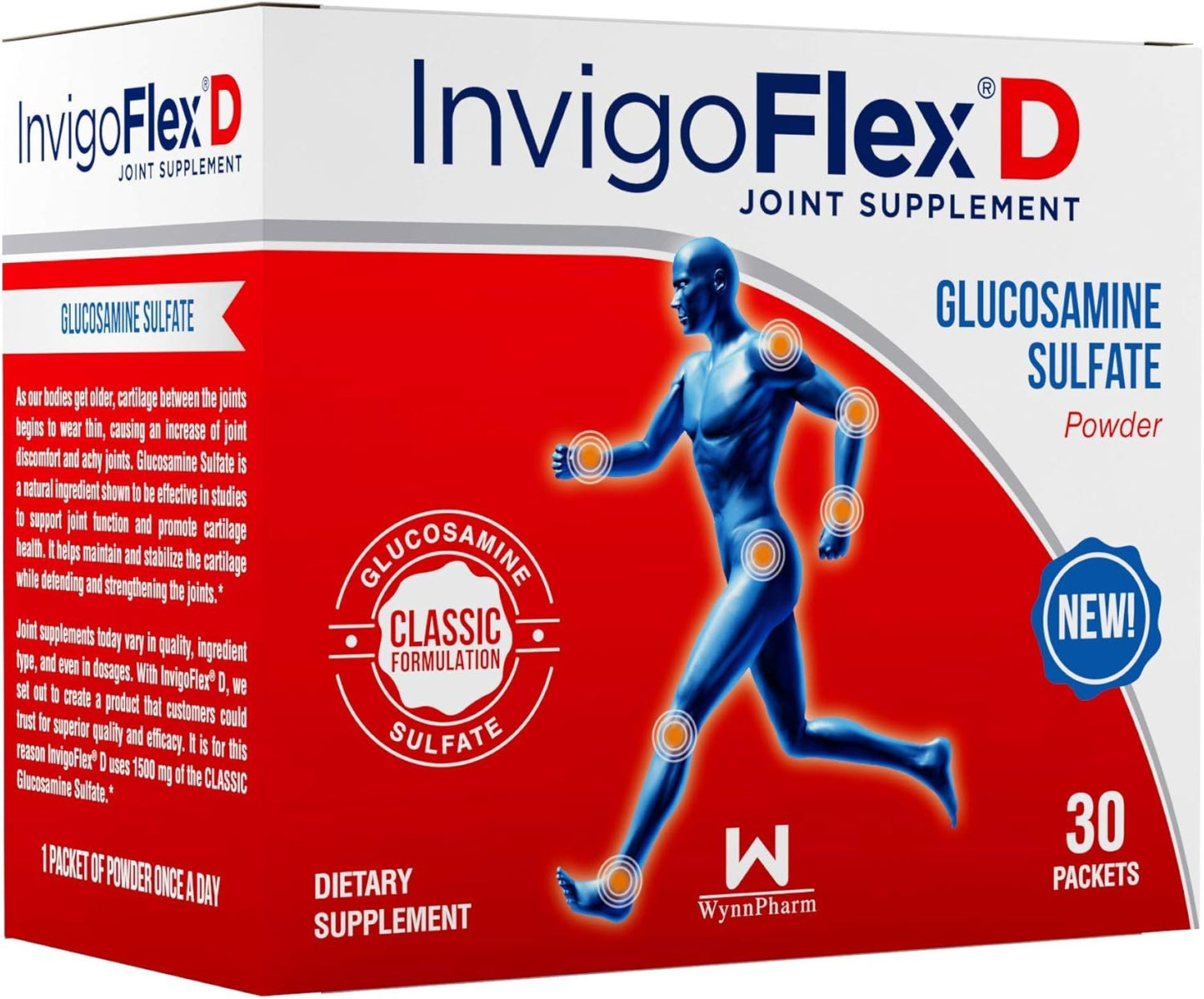 INVIGOFLEX® D - 1500mg Glucosamine Sulfate Powder - Joint Supplement for Knee, Hand, Back, Hip Support - 30 Packets