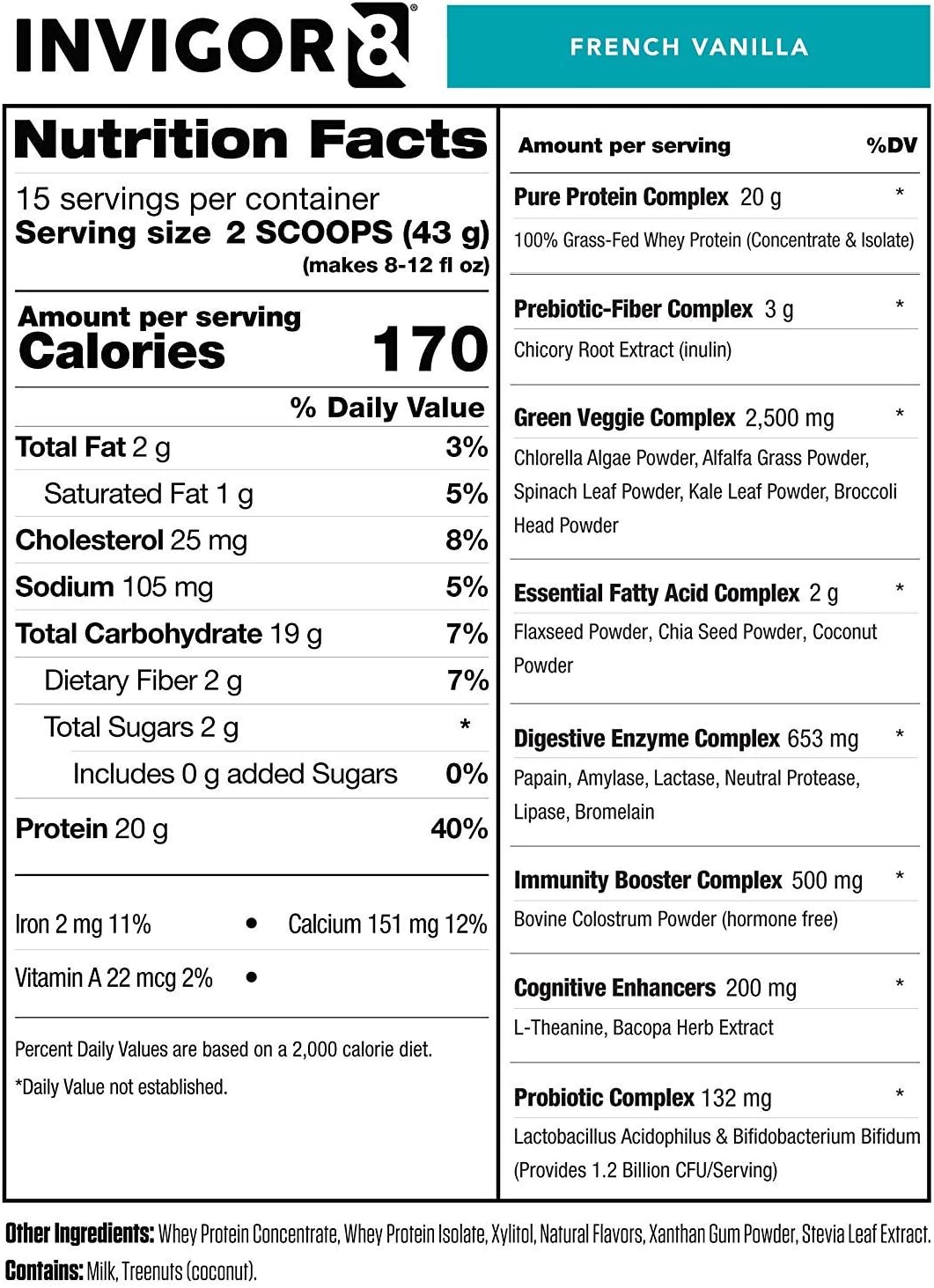 INVIGOR8 French Vanilla Grass Fed Whey Protein Isolate Shake (483g) - Gluten-Free, Non-GMO, Meal Replacement with Probiotics & Omega 3