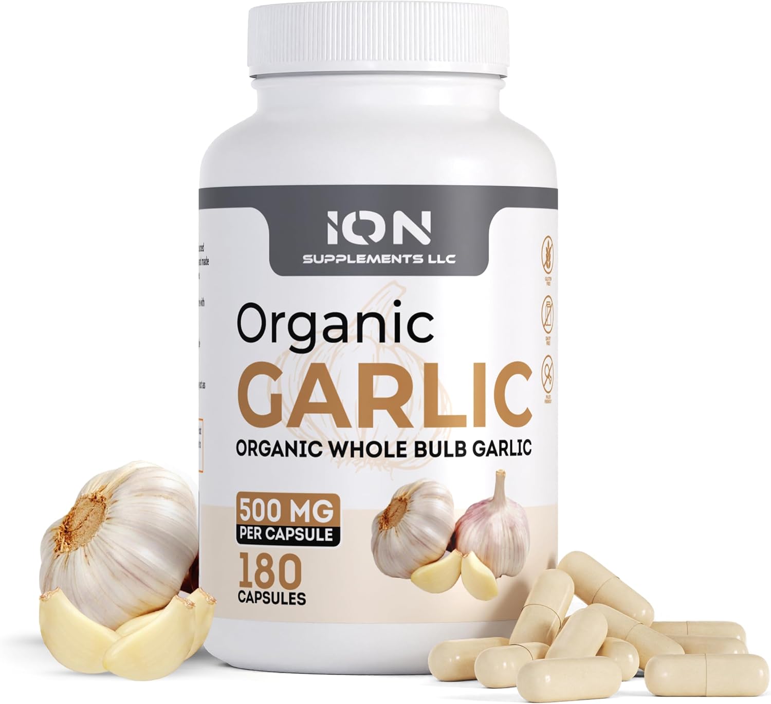 Ion Supplements Herbal Organic Whole Bulb Garlic Capsules - 500 mg, 180 Caps - No Fillers - 100% Natural Roots