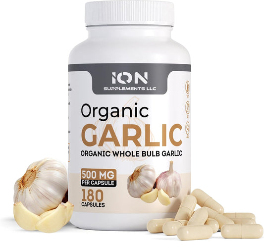 Ion Supplements Herbal Organic Whole Bulb Garlic Capsules - 500 mg, 180 Caps - No Fillers - 100% Natural Roots