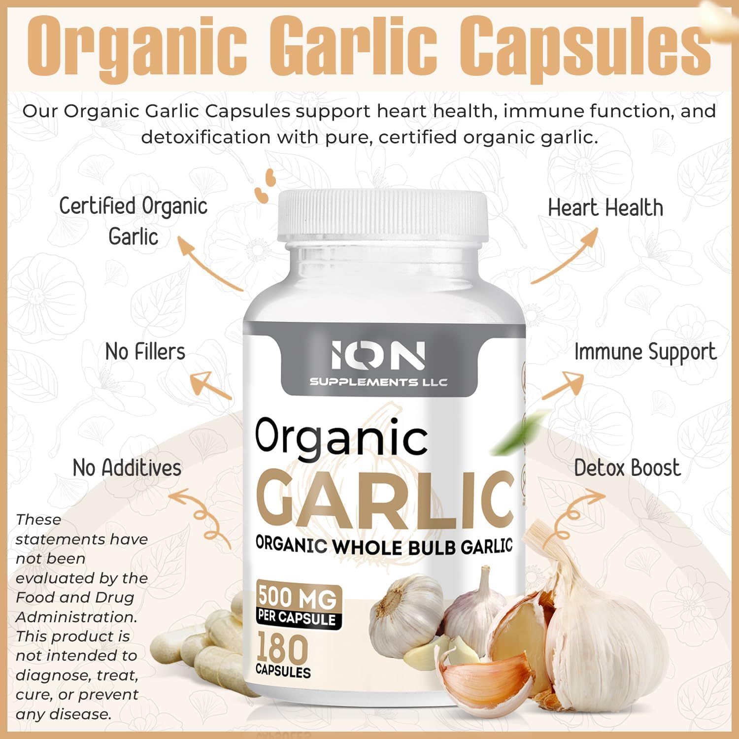 Ion Supplements Herbal Organic Whole Bulb Garlic Capsules - 500 mg, 180 Caps - No Fillers - 100% Natural Roots