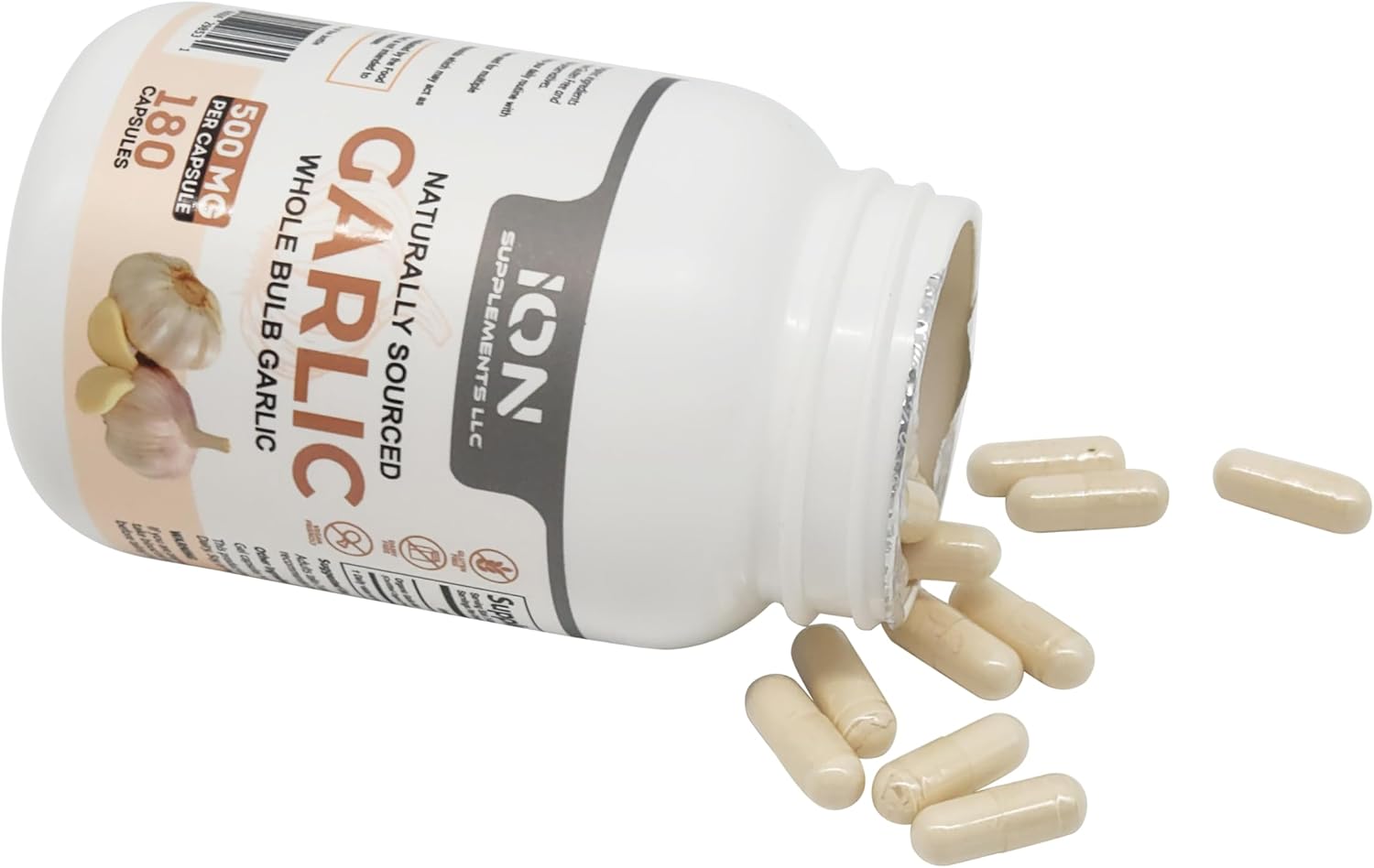 Ion Supplements Herbal Organic Whole Bulb Garlic Capsules - 500 mg, 180 Caps - No Fillers - 100% Natural Roots