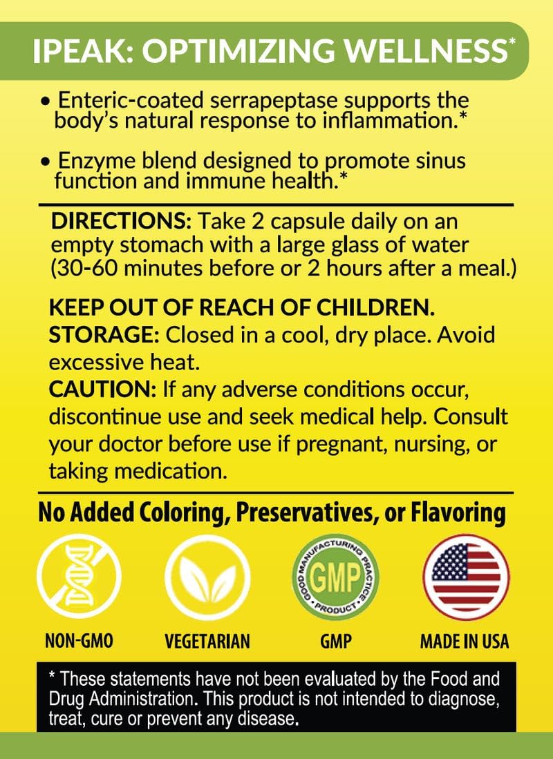 IPEAK Ultra Potency Serrapeptase & Proteases - Immune & Respiratory Boost - Sinus, Heart, Joint Support - Enteric-Coated - 60 Capsules