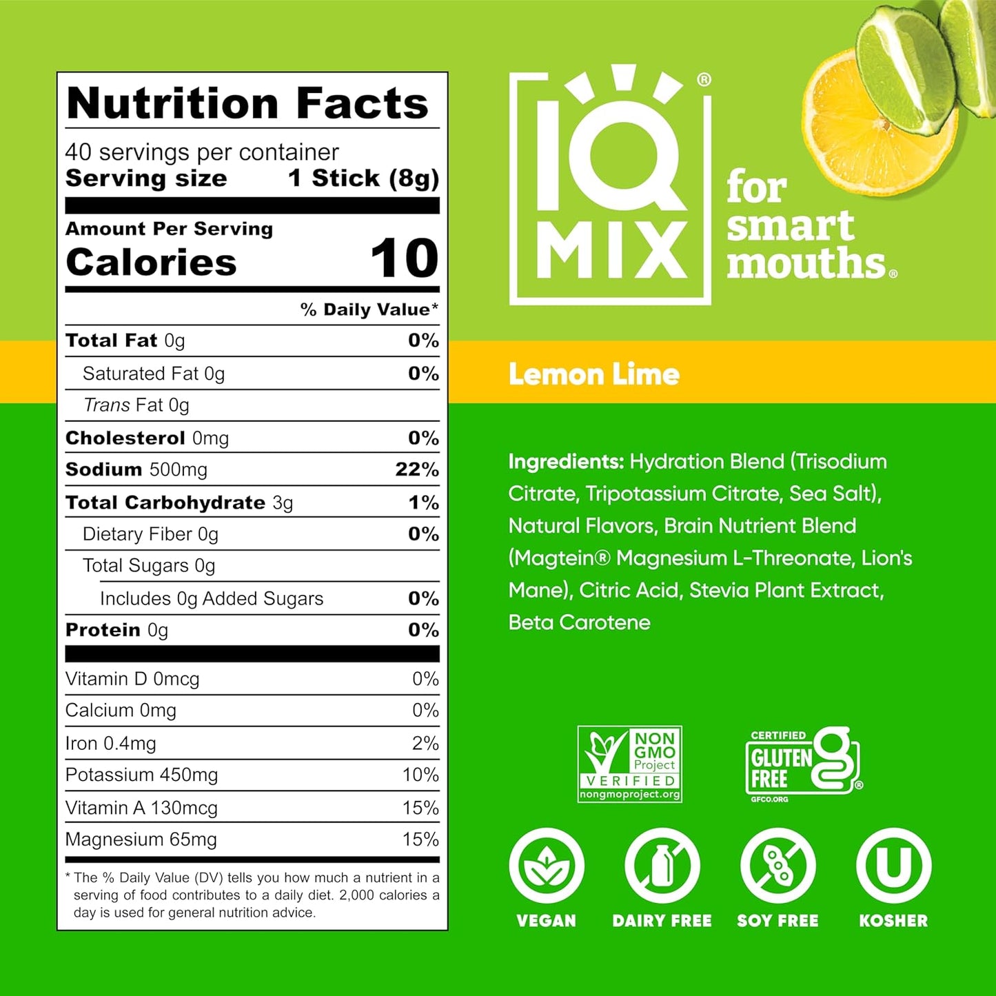 IQBAR IQMIX Electrolyte Powder Packets - Sugar Free Hydration Supplement with Keto Electrolytes, Lions Mane, Magnesium, and Potassium - Lemon Lime Flavor (40 Count)