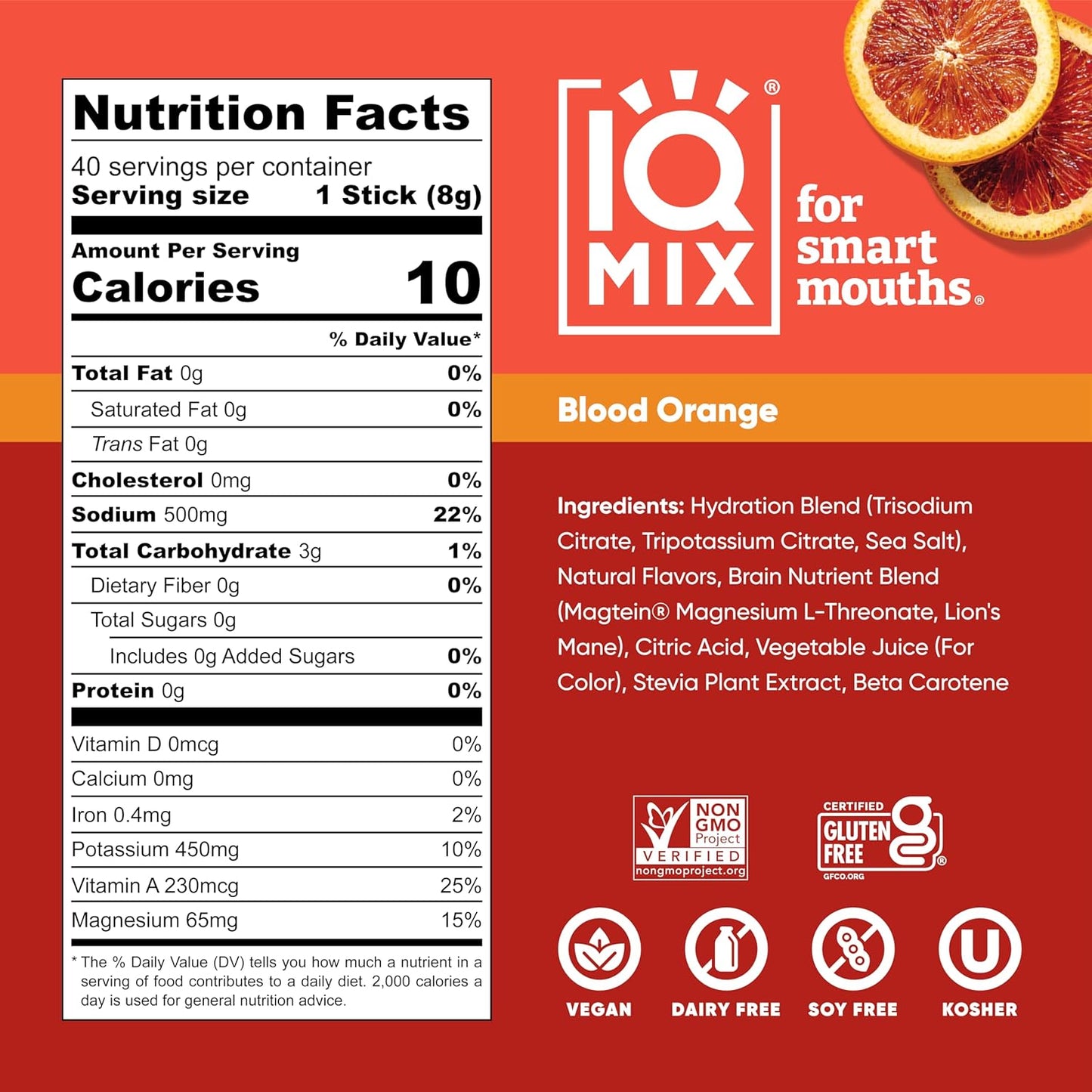 IQBAR IQMIX Electrolyte Powder Packets - Sugar Free Hydration Supplement with Keto Electrolytes, Lions Mane, Magnesium L-Threonate, and Potassium Citrate - Blood Orange Flavor (40 Count)