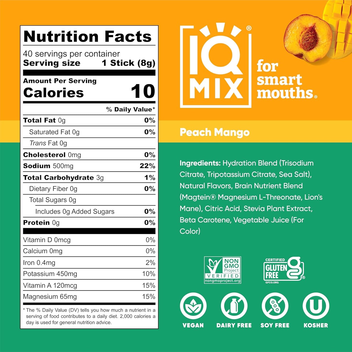IQBAR IQMIX Peach Mango Electrolyte Powder Packets - Keto Hydration Drink Mix with Lions Mane, Magnesium, and Potassium (40 Count)