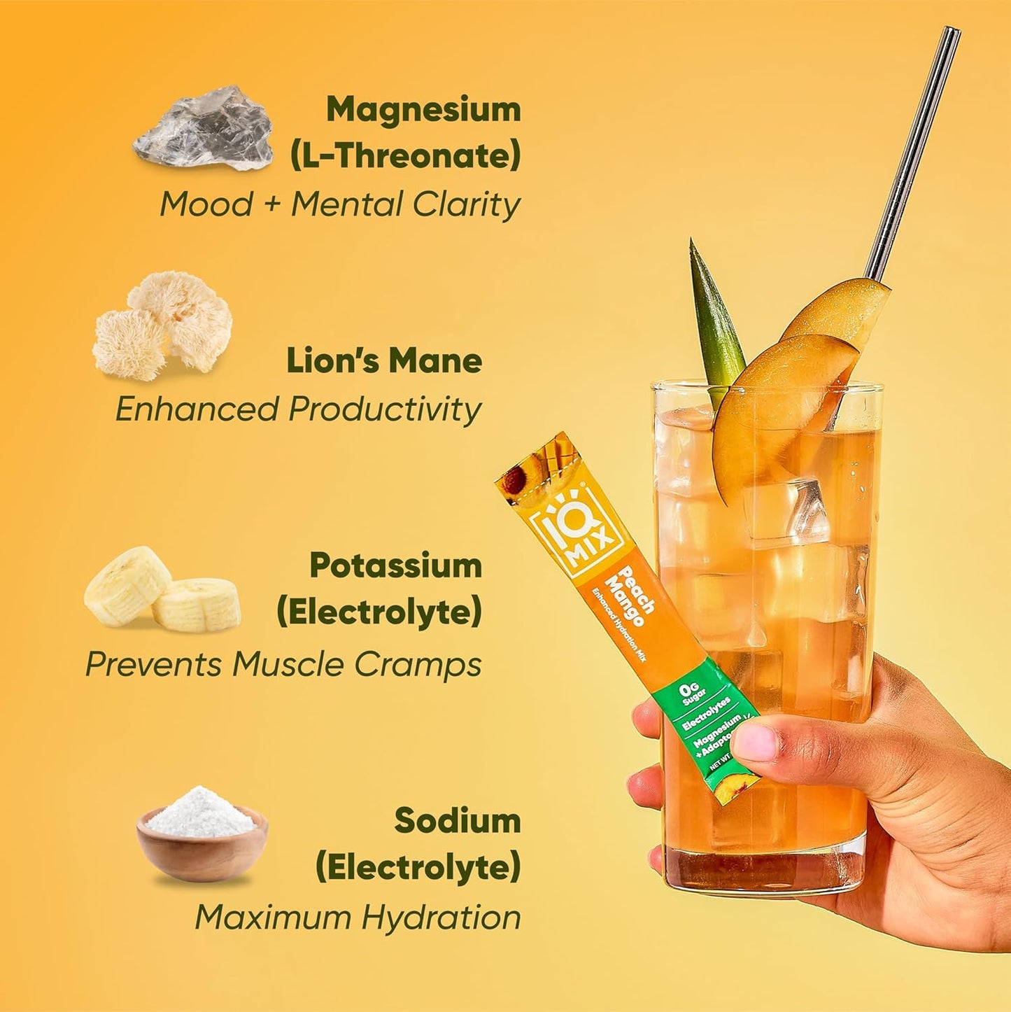 IQBAR IQMIX Peach Mango Electrolyte Powder Packets - Keto Hydration Drink Mix with Lions Mane, Magnesium, and Potassium (40 Count)