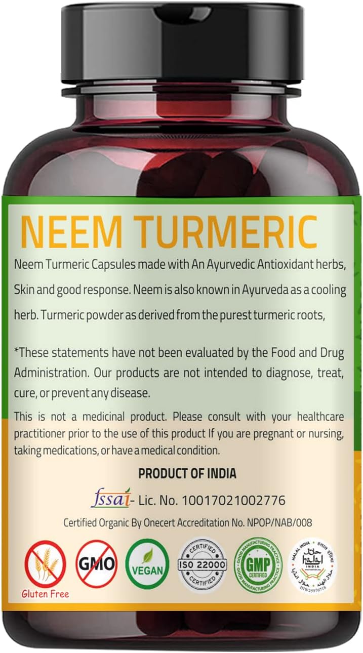 Ireya Ayurveda Neem Turmeric Capsules 1000mg | 90 Capsules with Black Pepper for Immune Support | Natural Neem and Turmeric Supplement
