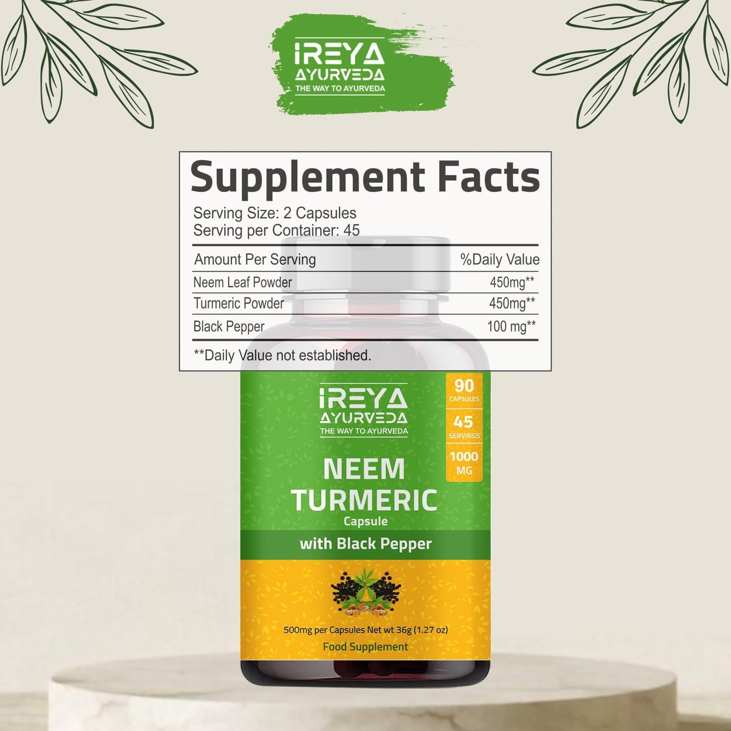 Ireya Ayurveda Neem Turmeric Capsules 1000mg | 90 Capsules with Black Pepper for Immune Support | Natural Neem and Turmeric Supplement