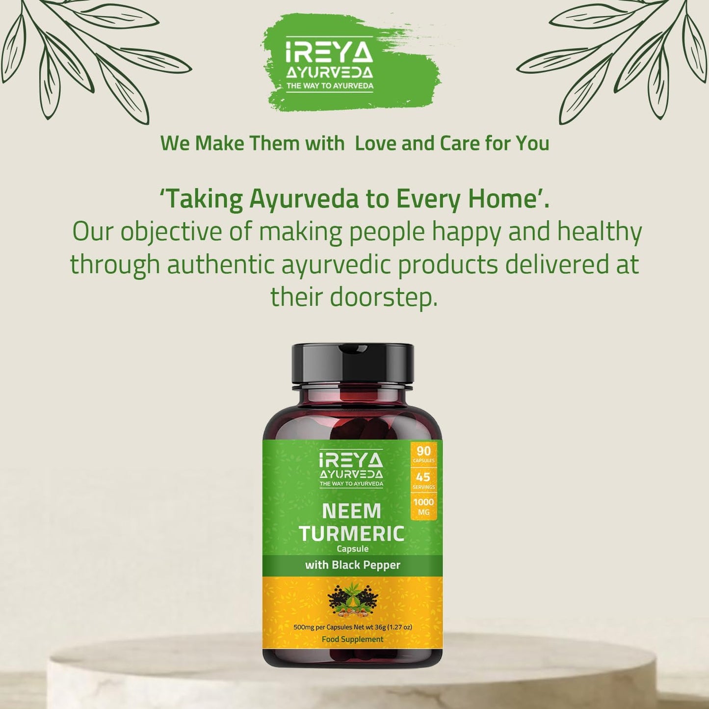 Ireya Ayurveda Neem Turmeric Capsules 1000mg | 90 Capsules with Black Pepper for Immune Support | Natural Neem and Turmeric Supplement