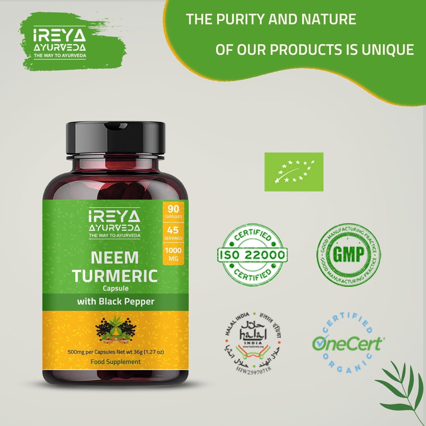 Ireya Ayurveda Neem Turmeric Capsules 1000mg | 90 Capsules with Black Pepper for Immune Support | Natural Neem and Turmeric Supplement