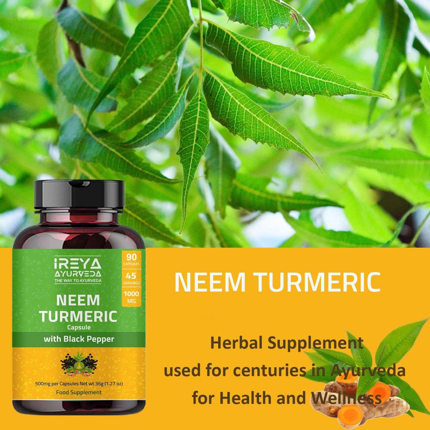 Ireya Ayurveda Neem Turmeric Capsules 1000mg | 90 Capsules with Black Pepper for Immune Support | Natural Neem and Turmeric Supplement