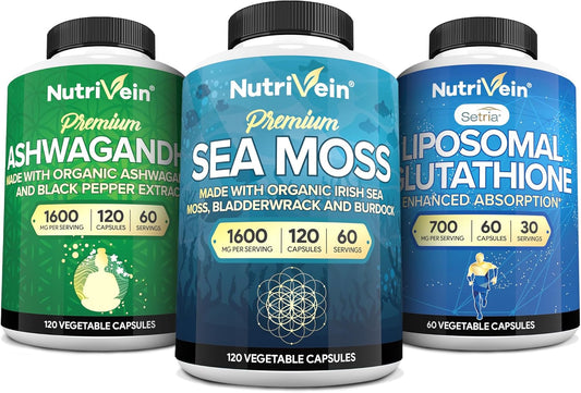 Irish Sea Moss, Ashwagandha, and Liposomal Glutathione Supplement Bundle for Immunity, Mood, Digestion & Detox - Nutrivein Premium Capsules