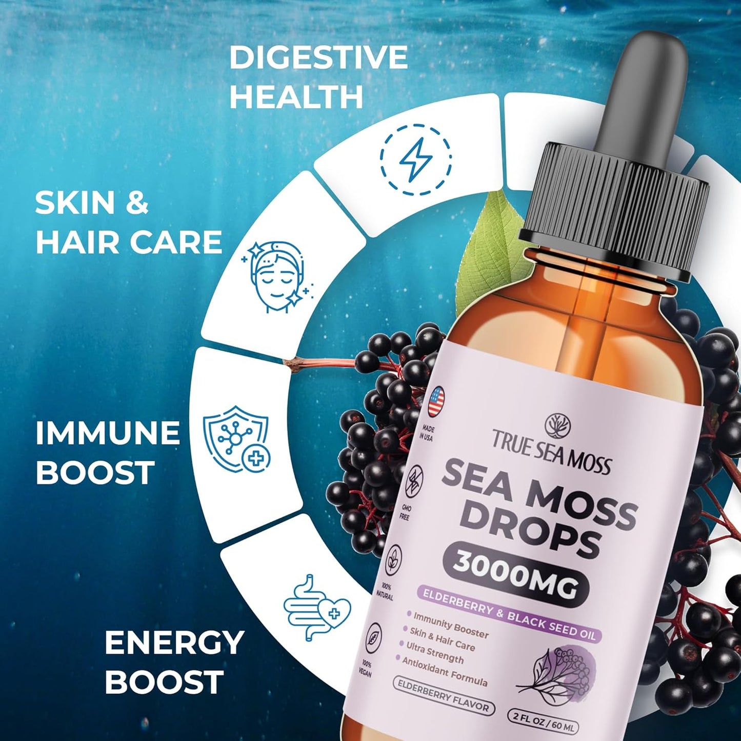 Irish Sea Moss Drops with Elderberry, Burdock Root, Black Cumin - Digestive, Immune, Skin & Hair Health - Energy Boost - BlackBerry Flavor - 2 Fl Oz