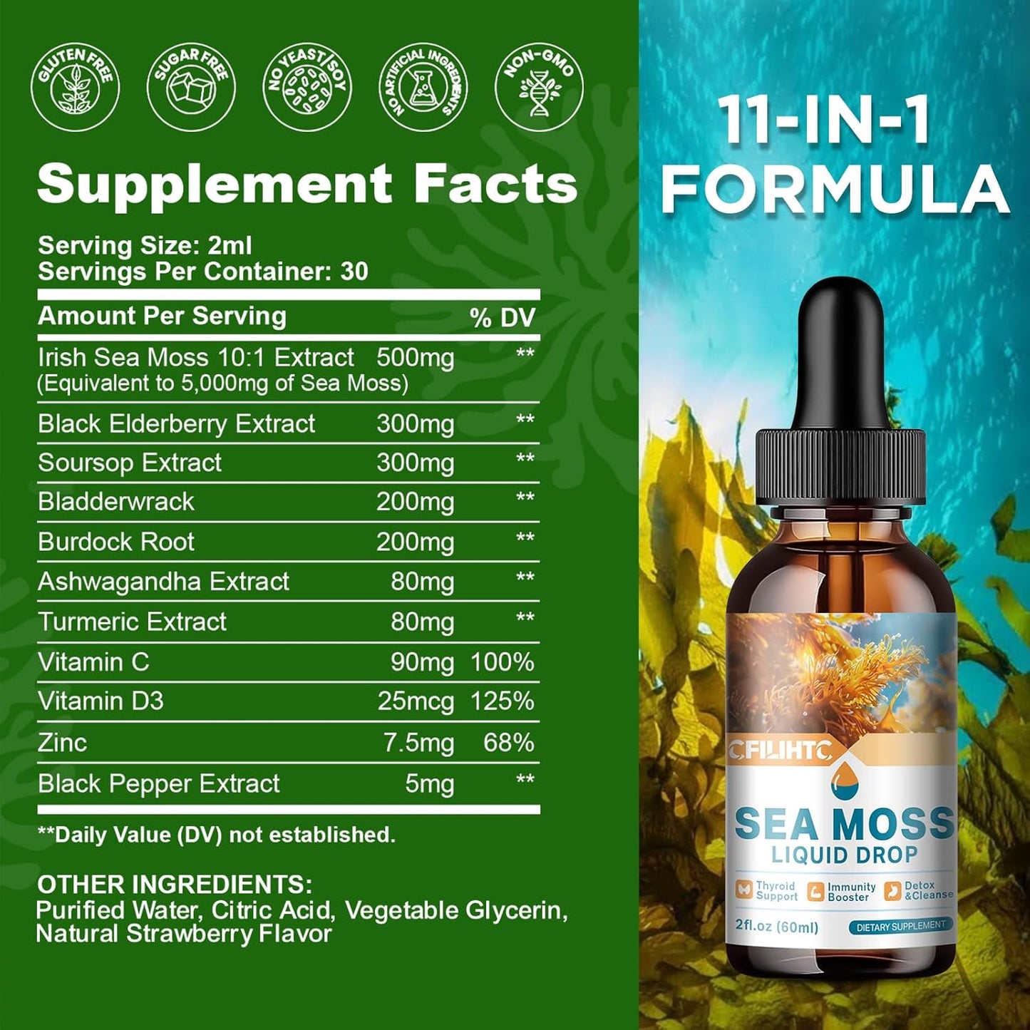 Irish Sea Moss Liquid Drops with Soursop, Black Elderberry, Ashwagandha, and Burdock Root - Antioxidant and Immune Support Supplement for Skin and Gut Health - 2 Fl Oz