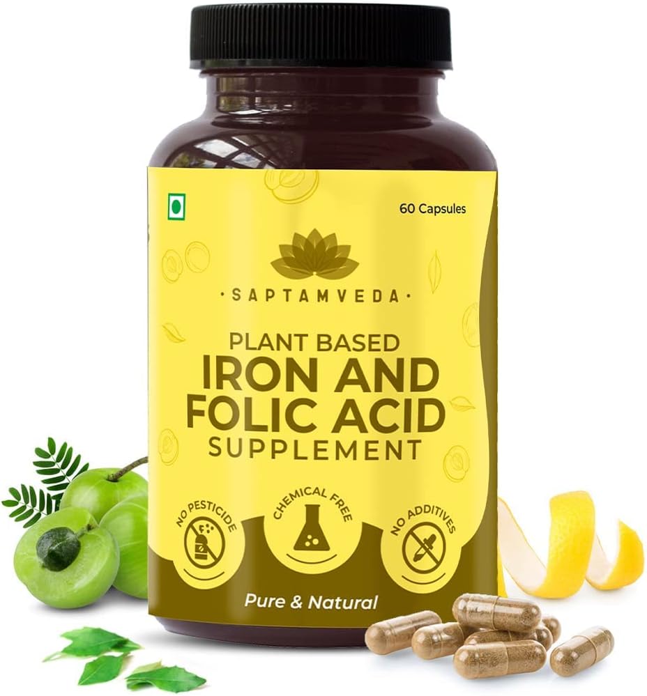 Iron and Folic Acid with Vitamin C 60 Veg Capsules by Kavir Natural - Dietary Supplement for Immune Support and Energy Boost