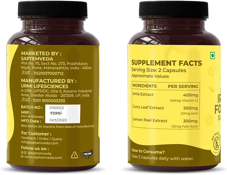 Iron and Folic Acid with Vitamin C 60 Veg Capsules by Kavir Natural - Dietary Supplement for Immune Support and Energy Boost