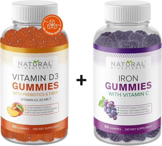 Iron and Vitamin D3 K2 Gummies with Vitamin C - Sugar-Free, 5000 IU, Extra Strength for Immune, Bone, Heart, Energy Support - 60 Gummy Vitamins