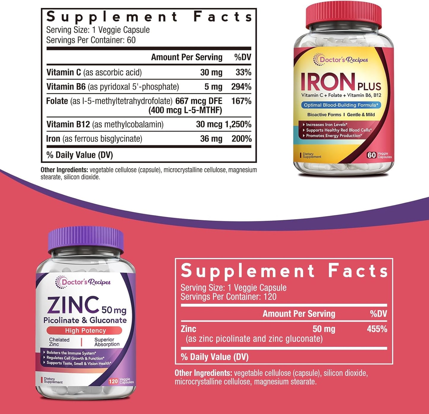 Iron and Zinc Bundle for Energy, Blood Support, and Immune Health - Doctor's Recipes for Men & Women, High Absorption, Non-GMO